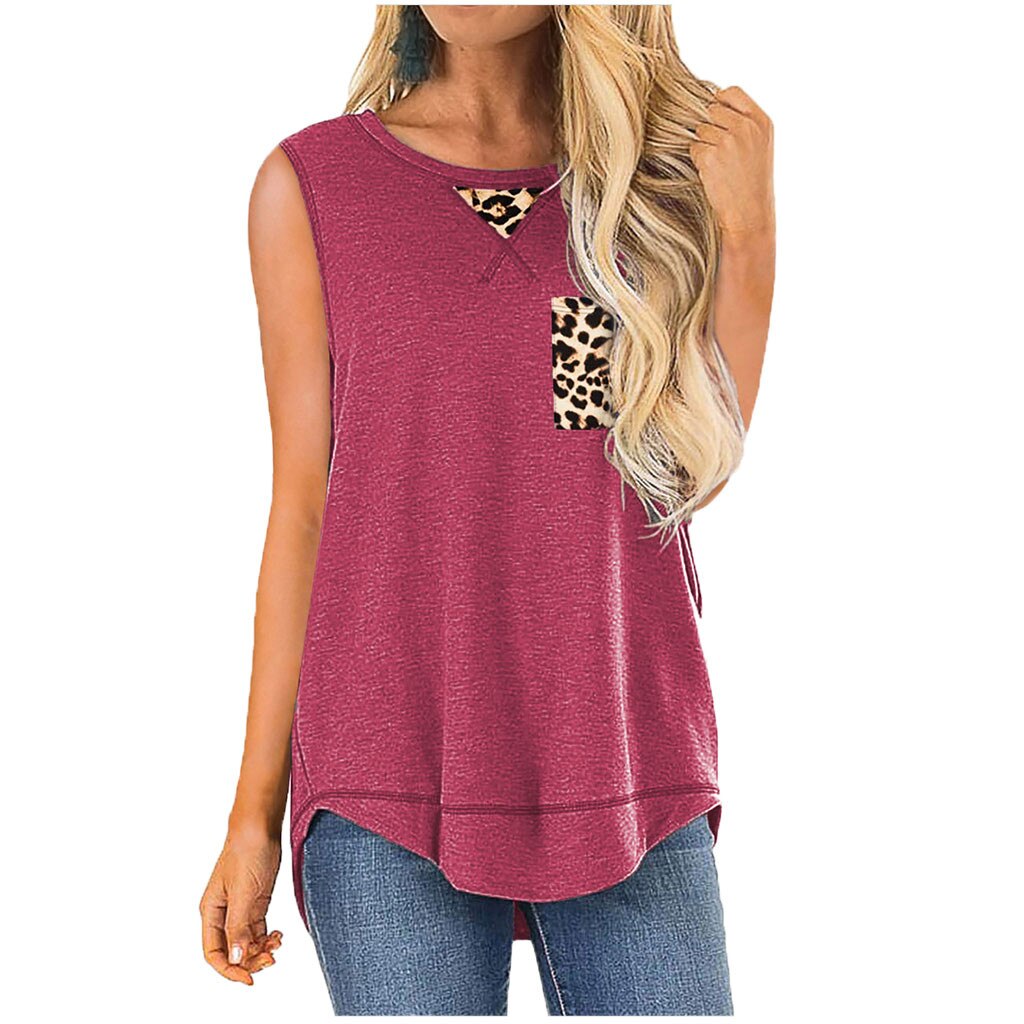 Plus Size Fashion Leopard Blouse Patchwork Tee Tunic Hem Tops Casual Summer Ladies Top Female Women Sleeveless Blusas Pullover