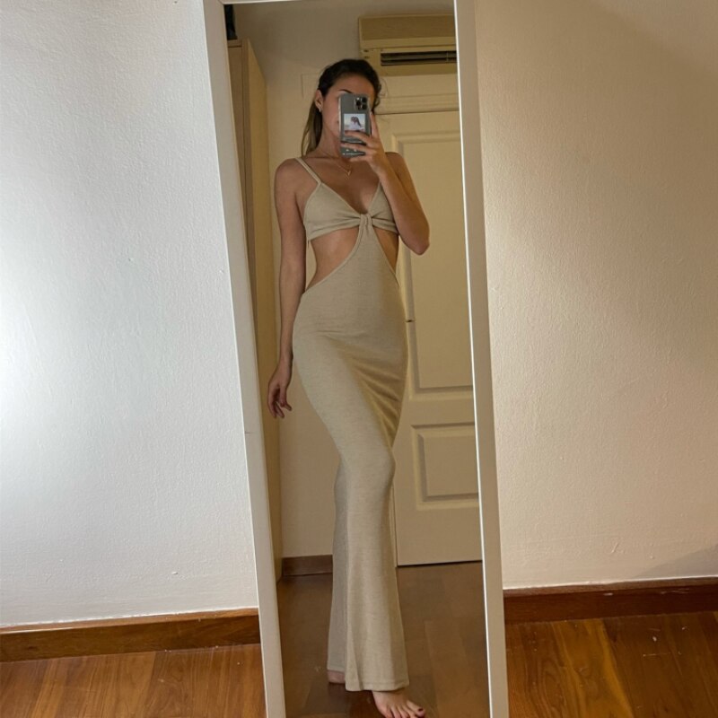 Vacation Knitted Maxi Dresses for Women Summer 2021 Elegant Sexy Party Cut Out Backless Bodycon Dress