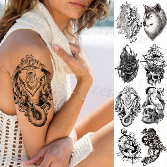 Indian Ganesha Elephant Temporary Tattoos For Women Men Realistic Wolf Skull Fake Tatoos Transfer Compass Tattoo Sticker