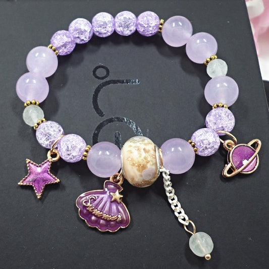 11 Colors Natural Sparkling Chalcedony Crystals Glass Bead Shell Star Moon Charm Strand Stretch Bracelets for Women