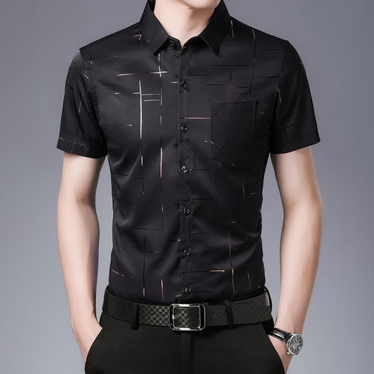 2021 Men's Short Sleeve Shirt Social Dress Shirt Hot Stamping Print Buttons Men Lapel Collar Top Formal Business Work Shirts