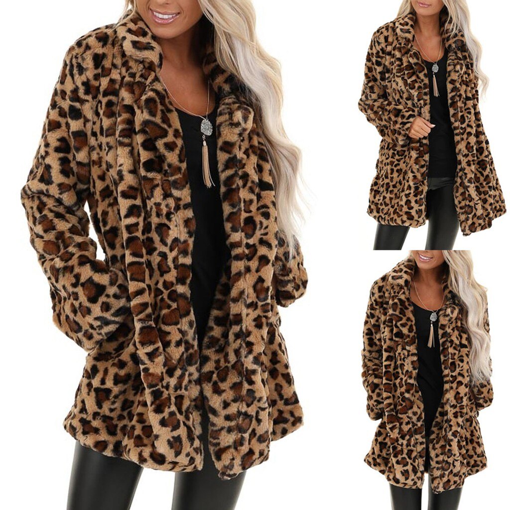 Women Coat 2021 Autumn Jacket New Fashion Leopard Faux Fur Pocket Fuzzy Warm Winter Oversized Outwear Long Coats Outwear Tops