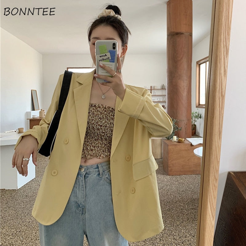Blazers Women Oversize Solid All-match Simple Loose Fashion Casual Notched Korean Style Vintage Ulzzang Chic Cozy Elegant New