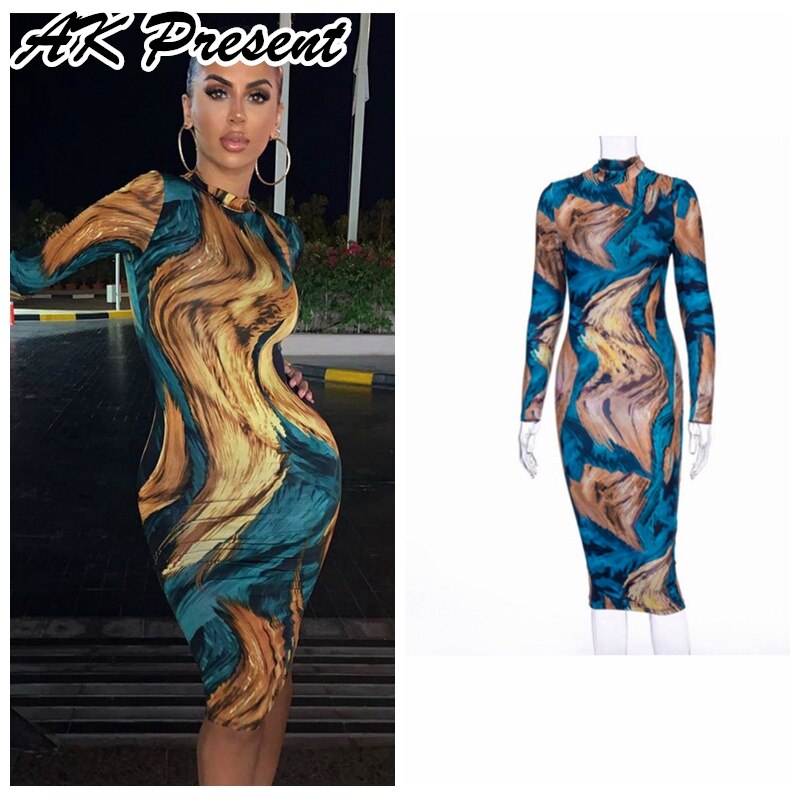 2021 Autumn New Printed Sexy Hip Long-Sleeved Women Midi Dress Bodycon Tie Dye Slim Elegant For Party