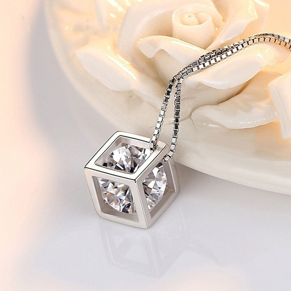 New 925 Sterling Silver Women Necklaces Fashion Love Cube Pendant High Quality Zircon Clavicle Chain Jewelry Length 45CM