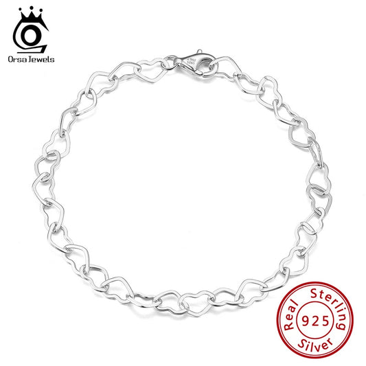 ORSA JEWELS 925 Sterling Silver Elegant Heart Link Chain Bracelet For Women Girl 6.5/7/7.5/8 Inch OL Style Bracelet Jewelry SB99
