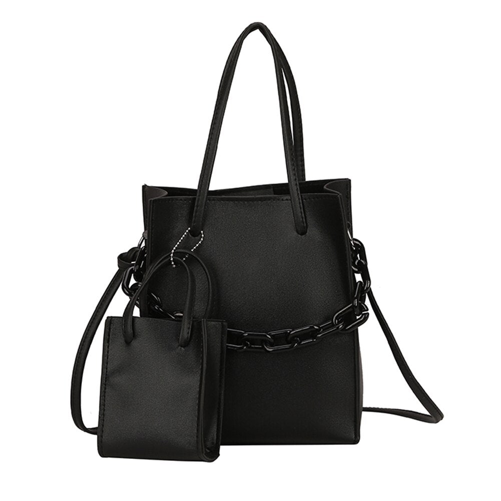 2pcs Women Composite Bags Set Solid Color Messenger Handbag Tote Thick Chain Leather Travel Crossbody Shoulder Bag Purse