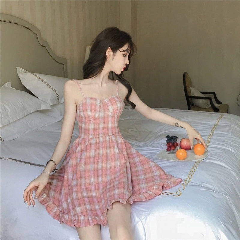 Plaid Dresses Women Korean Style Leisure Kawaii Popular Pink Maiden Cute All-match Summer Square Collar Spaghetti Strap Ulzzang