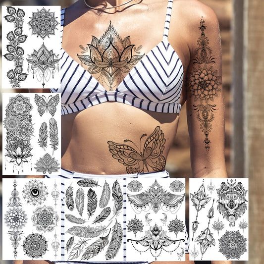 Sexy Black Henna Temporary Tattoos Lace Lotus Pendant Tatoos Body Chest Art For Women Adult Fake Wolf Owl Jewelry Tattoo Sticker
