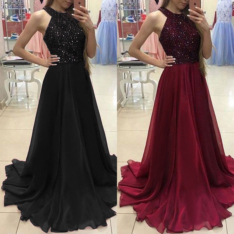 Fashion Women Dress Sexy Ladies Sleeveless Lace Long Bodycon Women Formal Wedding Ball Gown Party Halter Sequin Maxi Dress