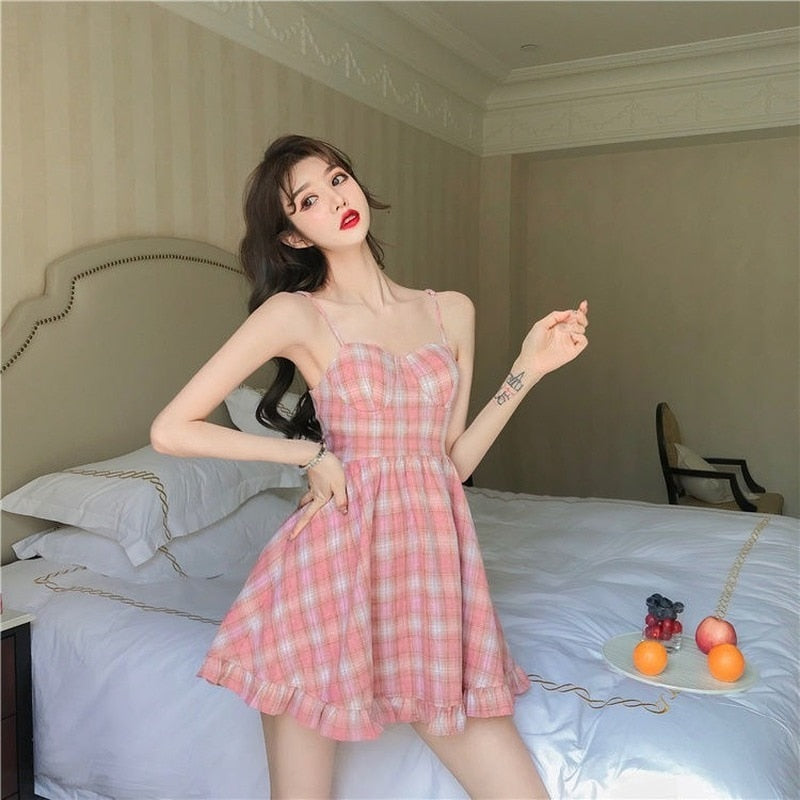 Plaid Dresses Women Korean Style Leisure Kawaii Popular Pink Maiden Cute All-match Summer Square Collar Spaghetti Strap Ulzzang