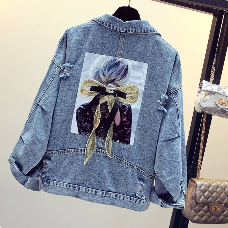 Net red embroidered denim jacket female spring and autumn new loose Korean version of the popular short trendy ins free delivery