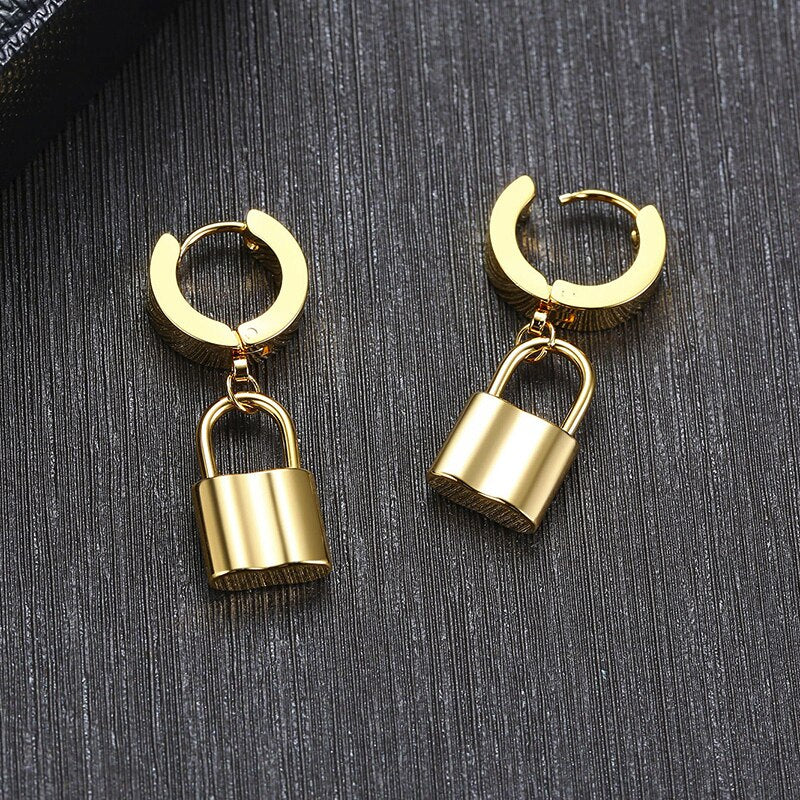 Vnox Personalize Initial Lock Huggie Earrings for Women Stainless Steel Dangle Earrings Customized Letter Sister Candid Jewelry