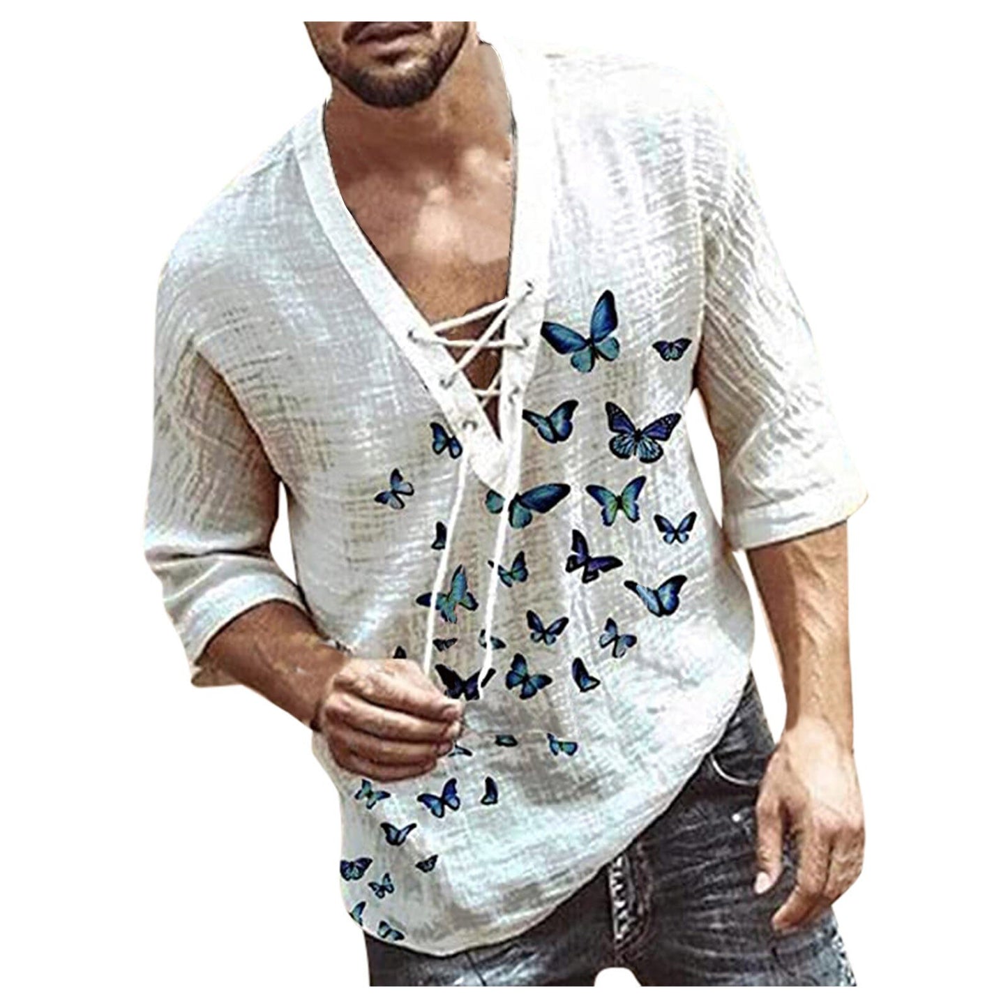 Trendyland Men Vintage Shirt Casual Long Sleeve Oversize Tops Butterfly Print Camisa V Neck Boho Style Shirts Top Dropshipping