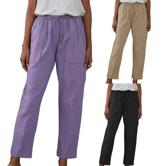 Women Cotton Linen Trousers 2021 Summer Solid Elastic Waist Loose High Waist Pants Female Straight Pockets Drawstring Long Pants