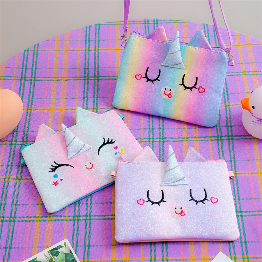 Cartoon Unicorn Shoulder Bags Women Girls Square Sequin Belt Phone Makeup Pouch Travel Coin Purse Crossbody Bags Kids Gifts