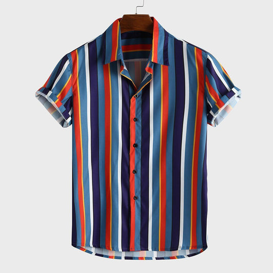 Summer Shirt Men Casual Streetwear Stripe Print Shirts Camisa Masculina Short Sleeve For Men Buttons Shirts Male Clothing Tops