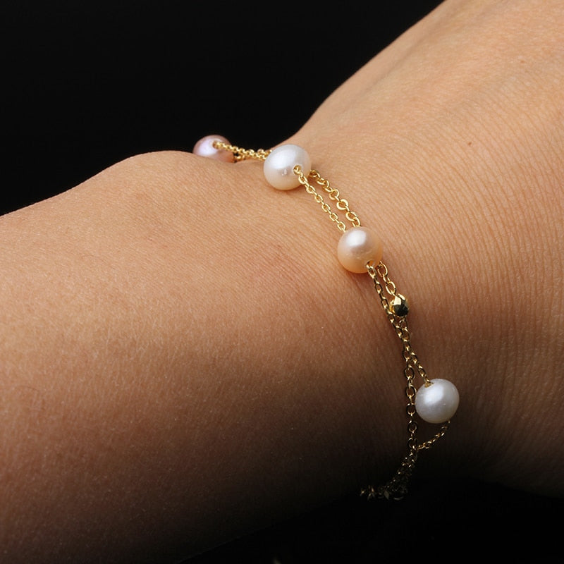 Wedding Silver 925 Classic Bracelet Jewelry Double Natural Freshwater Pearl Bracelets For Women Birthday Gift