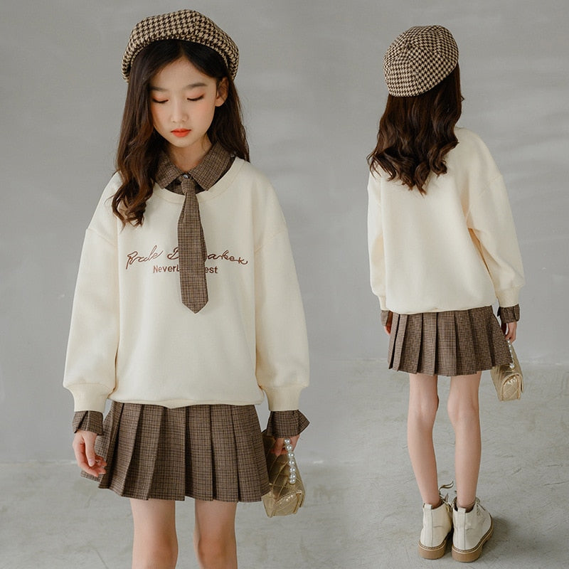 8 10 years Kids Girls School Clothes Long Sleeve Skirts Suits Autumn Winter Fleece Warm Children Uniform Clothes Teens