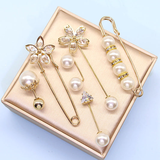 6Pieces set Fashion Pearl Brooch Cute Creative Fixed Clothes crystal Decorative Brooch for Women Anti-Exposure Neckline Buckle