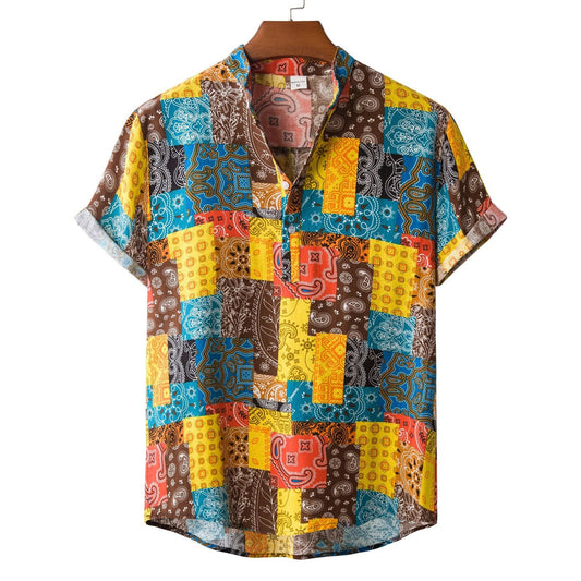 Linen Short Sleeve Shirt Men Summer Floral Loose Baggy Casual Hawaii Holiday Beach Shirt Tee Tops Buttons Blouse Ethnic Style