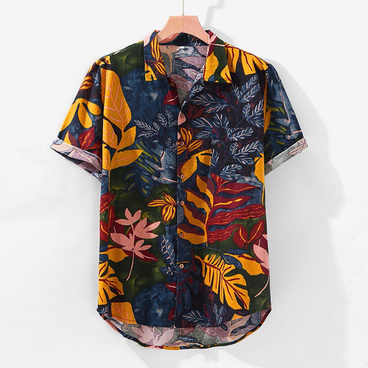 Mens Beach Hawaiian Shirt Leaf Print Summer Short Sleeve Shirt Men Cotton Linen Clothing Casual Tropical Loose Button Down Shirt