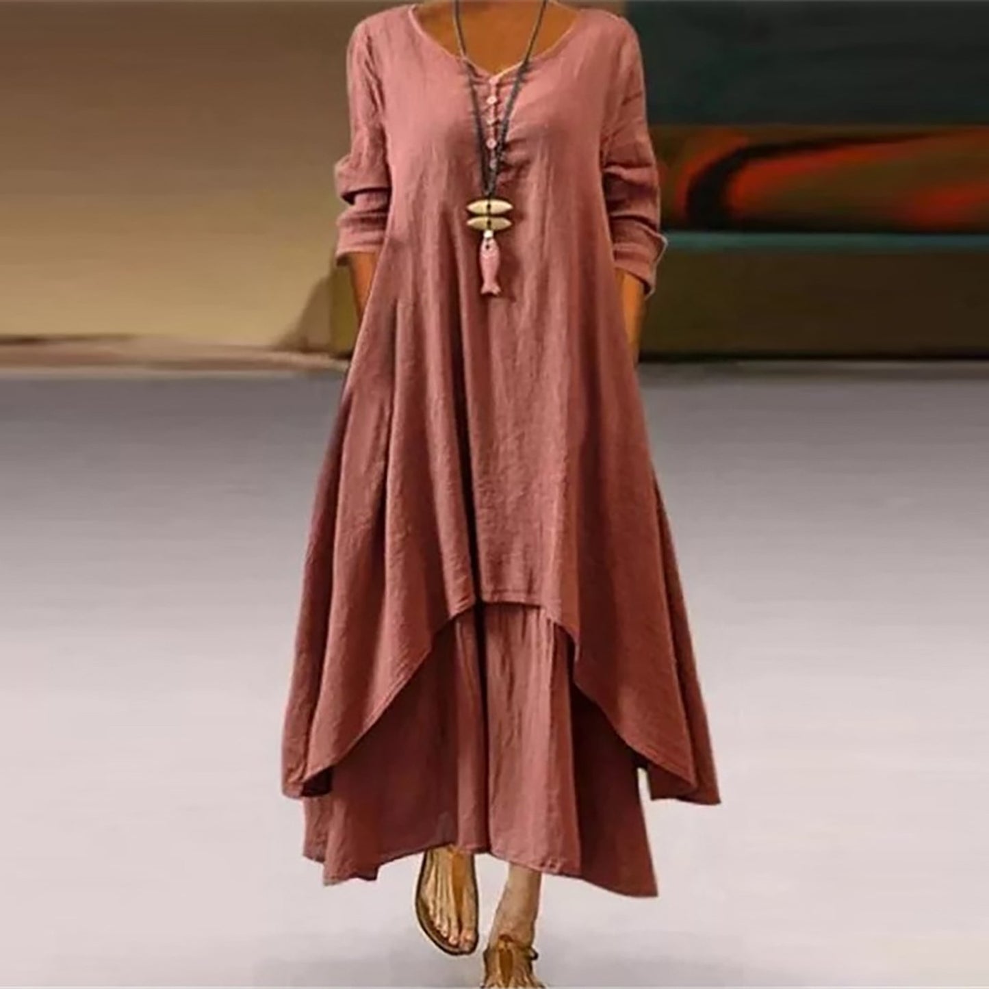 Plus Size Fashion Women Summer Linen O-neck Double Layer Buttoned Loog Asymmetric Maxi Dresses Casual Dress Vestidos Clothing