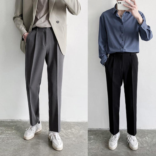 Men Casual Suit Trousers Solid Color Mid Rise Pockets Straight Dress Pants Slacks Harajuku Simple All-match Korean Slim Pants