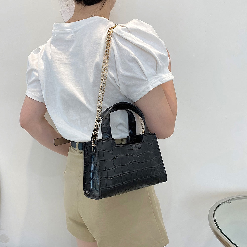 Vintage Women Alligator Pattern Solid Color PU Leather Shoulder Crossbody Messenger Bag Casual Ladies Chain Small Handbag Purse