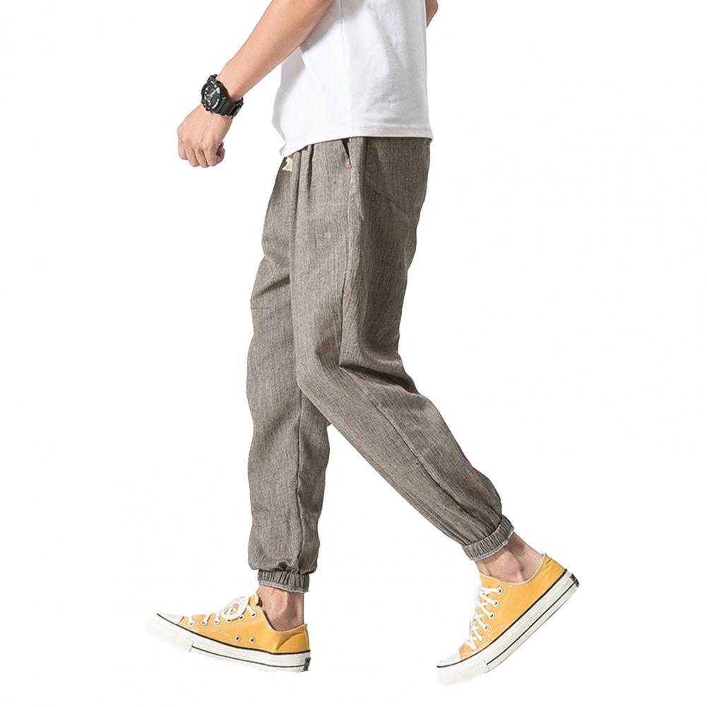 Men Pants Solid Drawstring Summer Loose Mid Rise Pockets Trousers for Daily Wear Fashion Slim Casual Male Clothing Plus Size