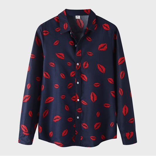 Autumn Casual Men's Lipstick Print Shirts Vintage Turn Down Collar Casual Button Tops Loose Long Sleeve Shirt Men Streetwear