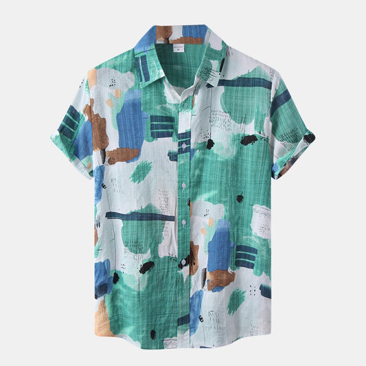 Men Short Sleeve Shirt Summer Linen Cotton Watercolor Loose Baggy Casual Shirts Tops Holiday Beach Men's Hawaii Shirts d4