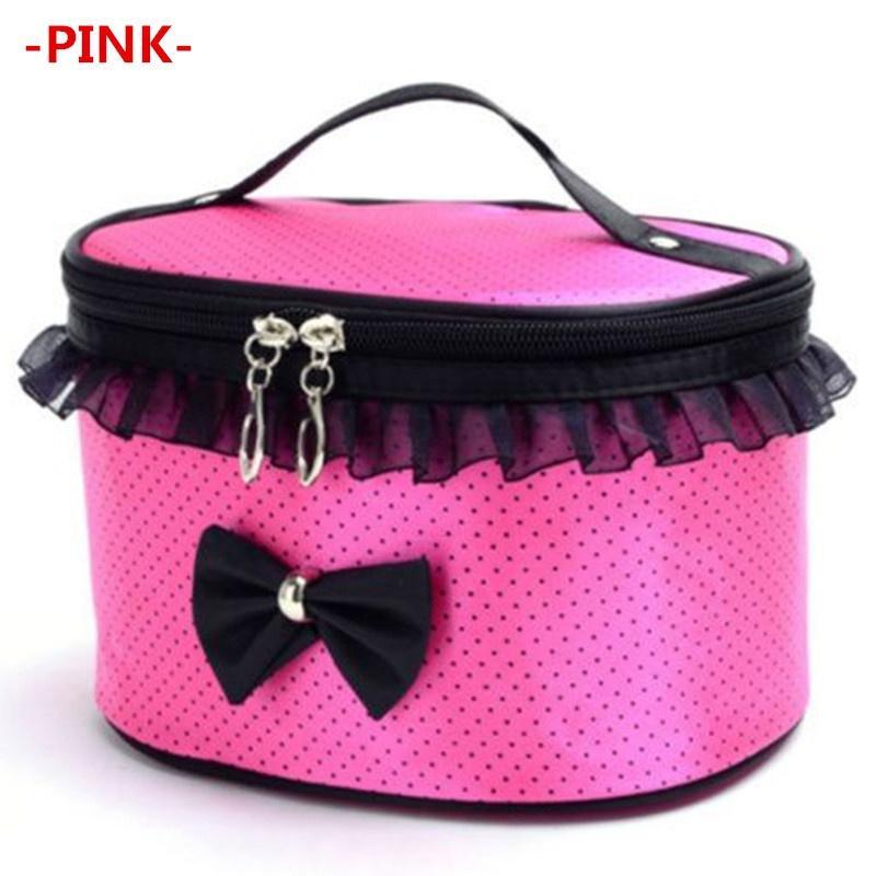 Women Multi Function Travel Cosmetic Bag Polka Dot Makeup Bowknot Handbag Case Pouch