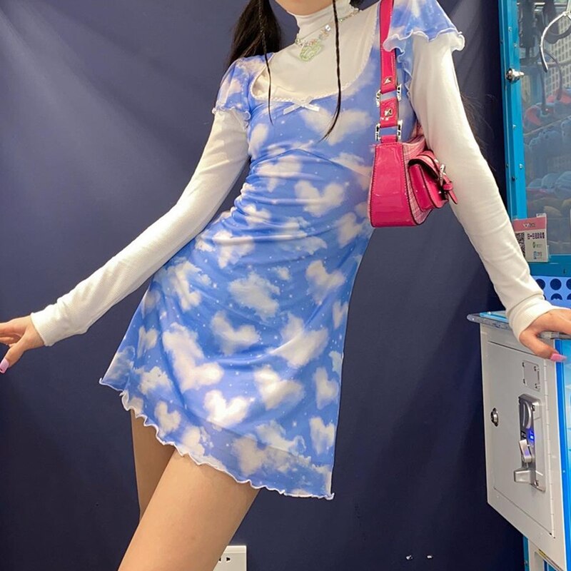 Y2K Sweet Blue Sky Print Mini Dress 2021 Fashion Women Short Sleeve Square Collar Slim Fit Mini Dress Holiday Casual Sexy Dress