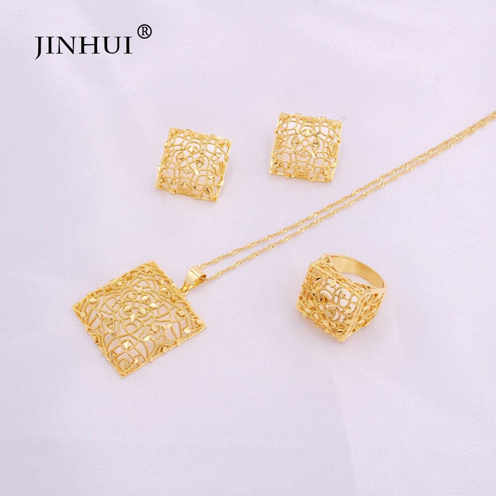 Jewelry sets Ethiopia 24K gold Dubai for women African Party wedding gifts Necklace and Earrings ring set 45cm Square Pendant