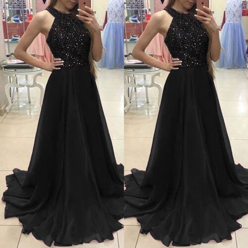 Fashion Women Dress Sexy Ladies Sleeveless Lace Long Bodycon Women Formal Wedding Ball Gown Party Halter Sequin Maxi Dress