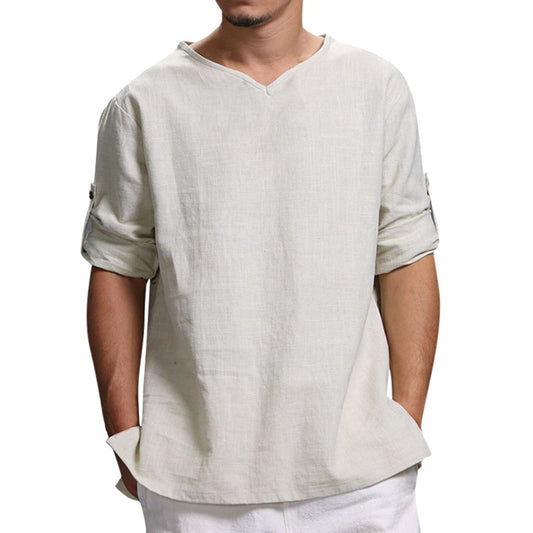 Men's Fashion Shirt Casual Cotton Linen Short Sleeve Retro Shirts Loose Solid Color Round Neck Shirt Streetwear Blouse Camisa