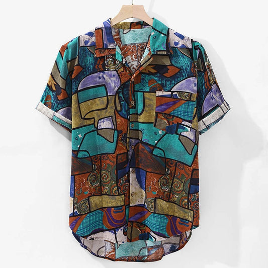 Summer Shirt Ethnic Style Print Men Short Sleeve Casual Shirt Vintage Round Hem Blouse Men Button Up Shirt Camisetas De Hombre