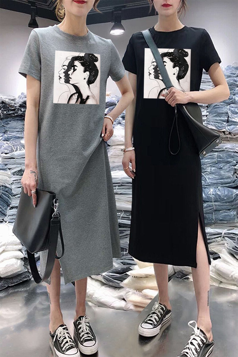 Summer Women Daisy Dress Short Sleeve Casual Bottoming Print Midi Black Tshirt Dresses O-Neck Woman Korean Clothes Vestidos 2020
