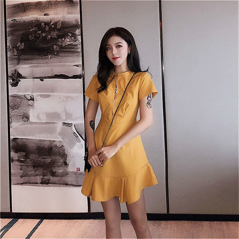 Short Sleeve Dress Women Zipper Stand Collar Mini Bodycon Ruffles Sexy Fashion Elegant Korean Style Chic Womens Vestido Leisure