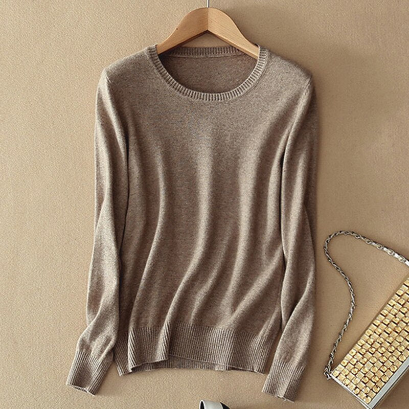 Women Wool Cashmere Sweater Round Neck Knit Pullover Solid Color Sweater Spring Winter Casual Long Sleeve Tops Knitwear Fashion