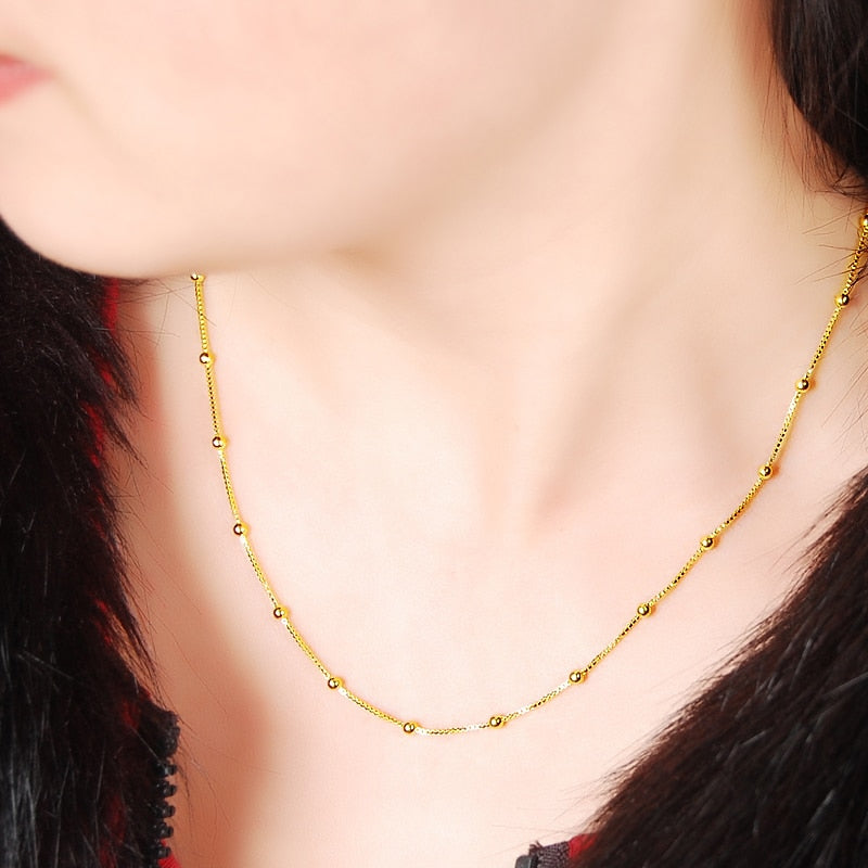 New Genuine 24K Gold Necklace Plating Gold 45CM Box Chain Beaded Necklace Short Chain For Woman Charm Jewelry