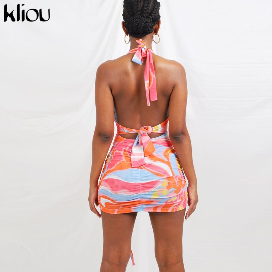 Kliou Print Mini Dress Aesthetic Summer Halter V-Neck Cleavage Bandage Sleeveless Bodycon Stunning Sexy Club Style Female Wear