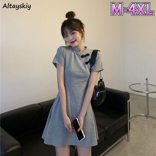 Summer Short Sleeve Dress Women O-neck Slender Vintage Chinese Style Qipao Students Large Size 4XL Sweet Mini Dresses Leisure