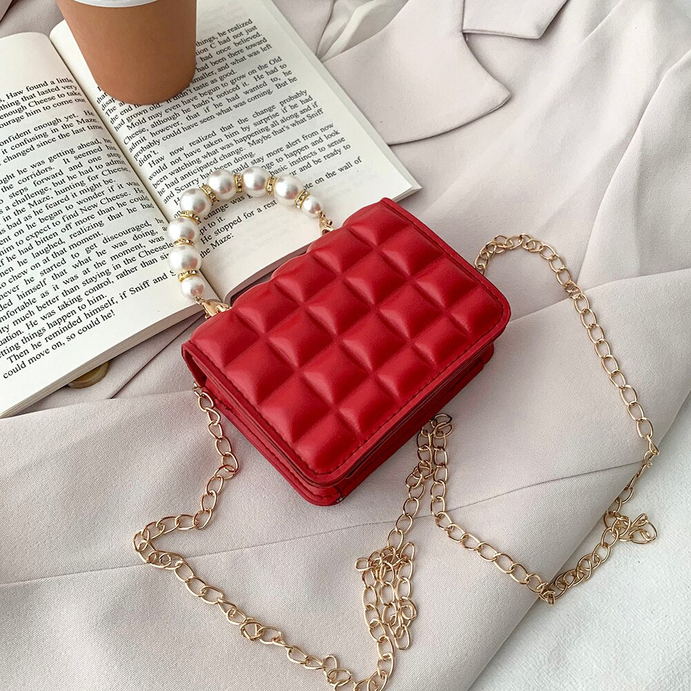 Vintage Grid PU Leather Small Shoulder Messenger Bag For Women Casual Pure Color Ladies Pearl Chain Mini Flap Crossbody Handbags