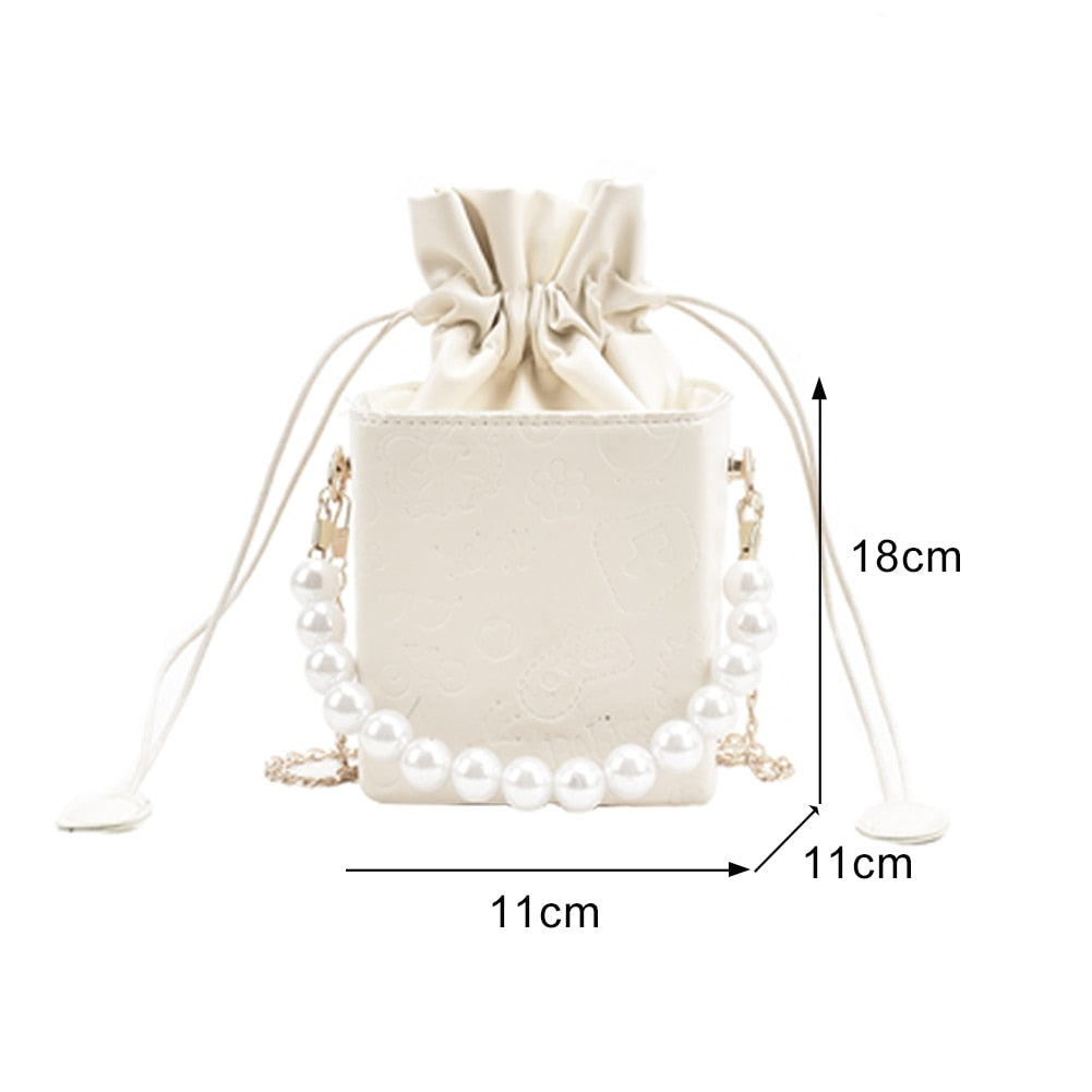 Female Box Shape PU Leather Cartoon Embossing Chain Shoulder Crossbody Bags Women Designer Drawstring Pearl Handbags