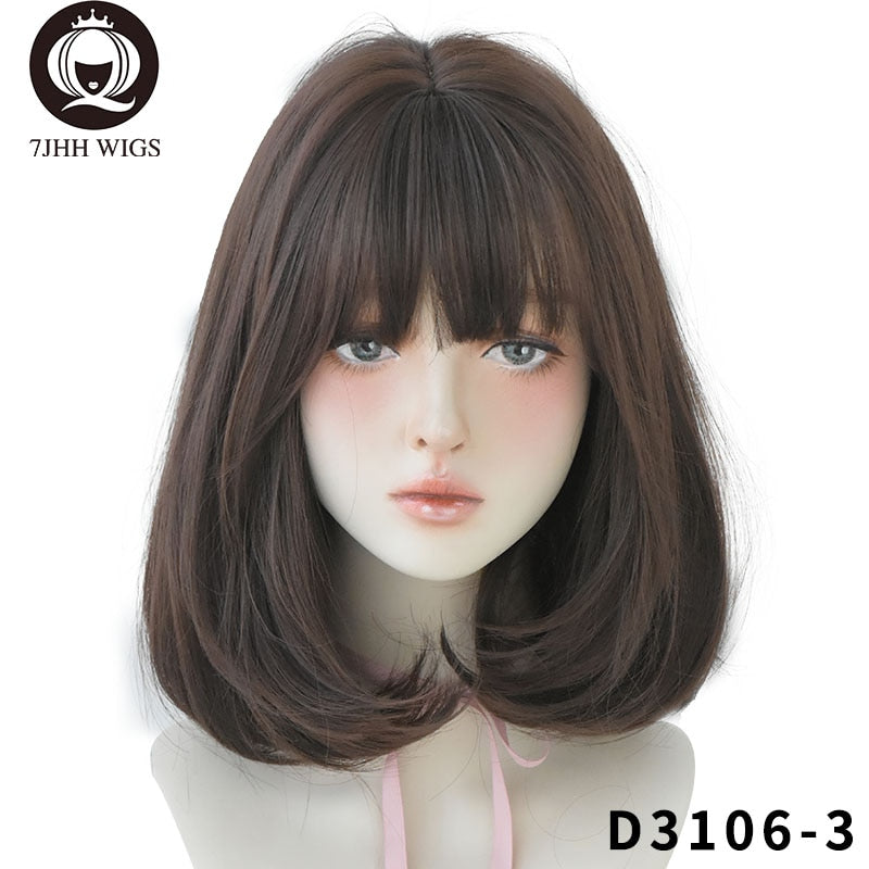 7JHH WIGS Natural Comfortable Synthetic Wig for Women Black Shoulder Straight Hair 14 Inch Fashion Hairstyle Wig