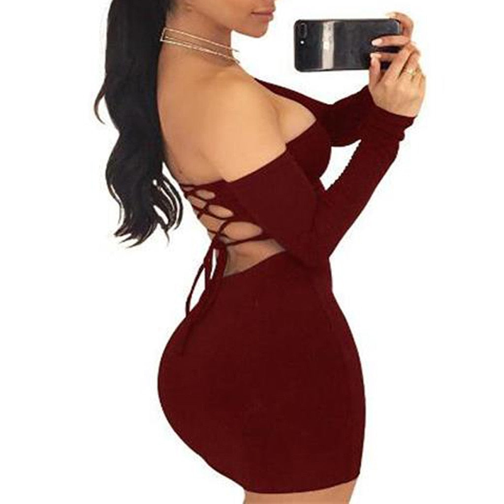 #18 Sexy Womens Off Shoulder Long Sleeves Backless Pure Color Buttock Mini Dress Bodycon Club Sexy Night Party Платье Женское