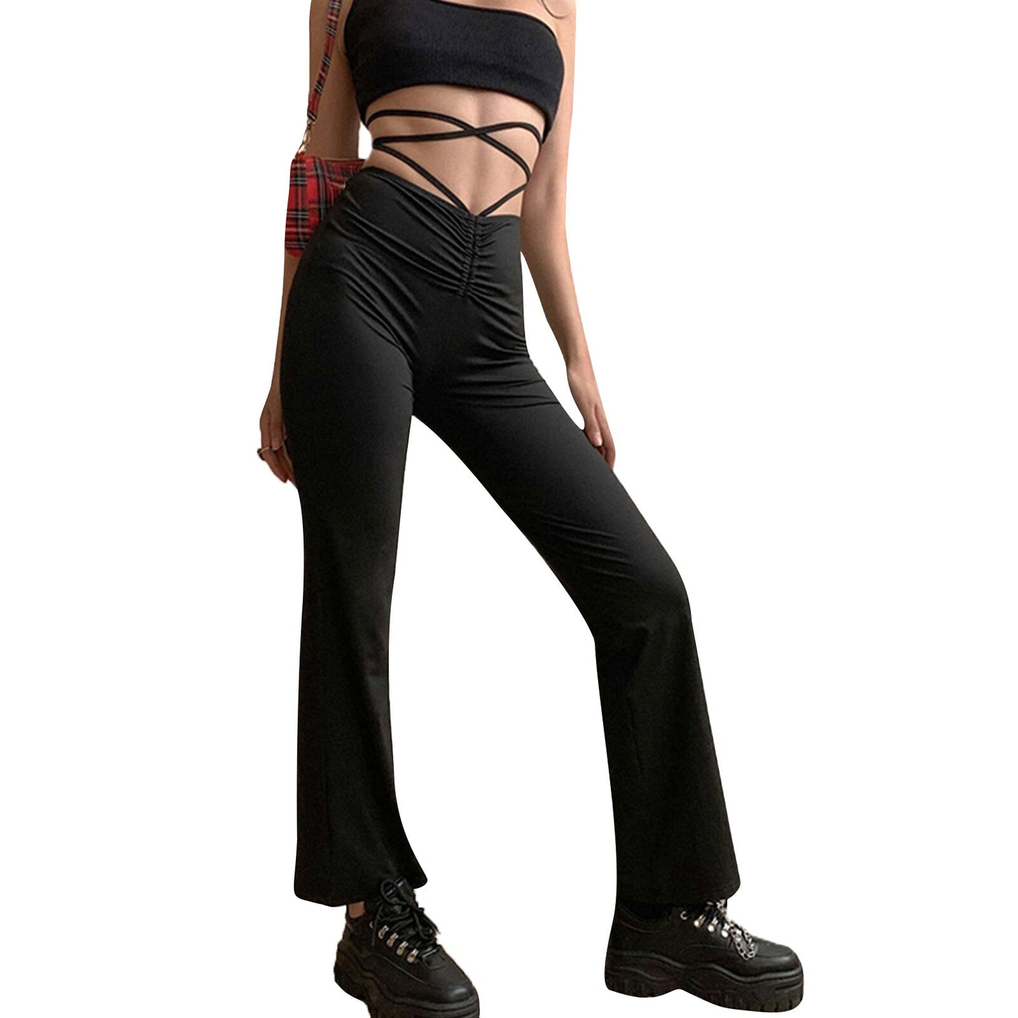 Fashion Women Skinny Bandage Trousers High Waist Solid Summer Female Wide-leg Drawstring Elastics Bodycon Pants Streetwear