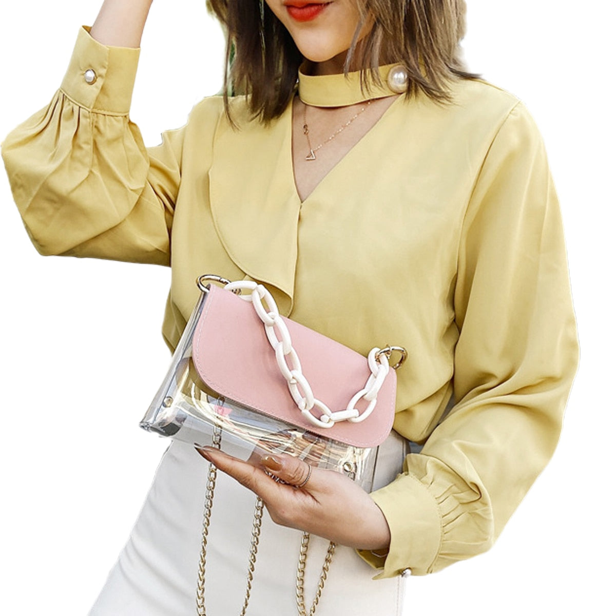 Women Transparent Crossbody Bag Fashion Shoulder Messenger Purse with Metallic Chain Strap Transparent Bag